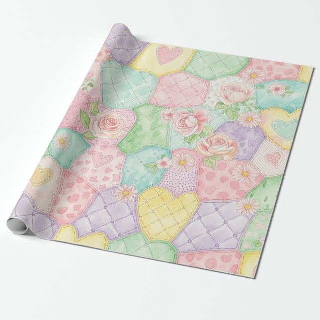 Pastel Floral Patchwork Picnic Pattern (4) Wrapping Paper (Unrolled)