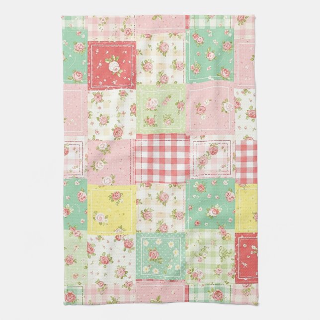 Pastel Floral Patchwork Picnic Pattern (5) Tea Towel (Vertical)