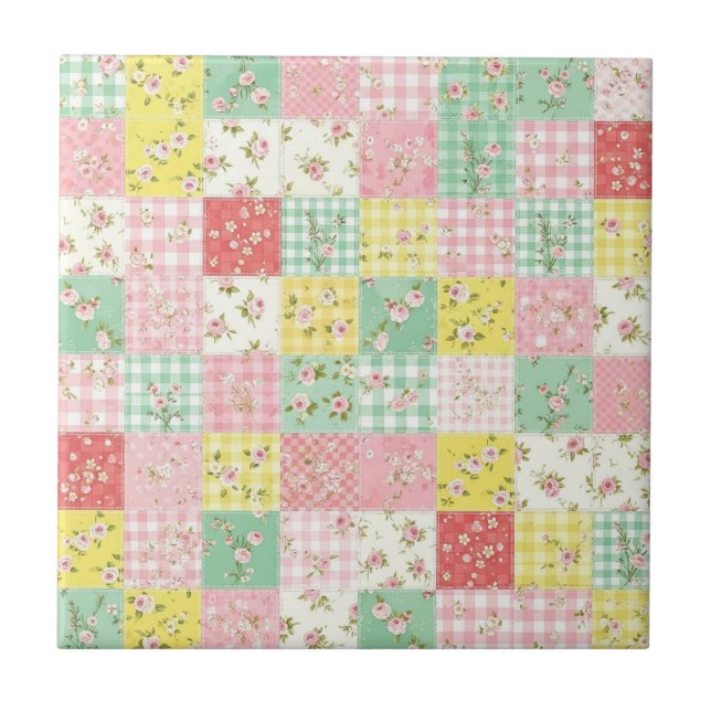 Pastel Floral Patchwork Picnic Pattern (6) Ceramic Tile (Front)