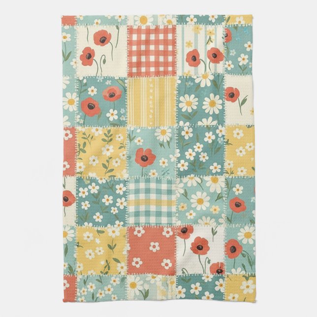 Pastel Floral Patchwork Picnic Pattern (6) Tea Towel (Vertical)