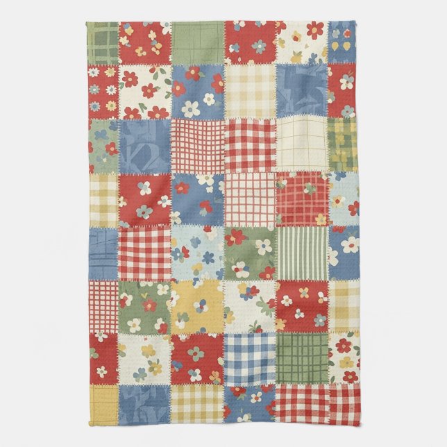 Pastel Floral Patchwork Picnic Pattern (8) Tea Towel (Vertical)