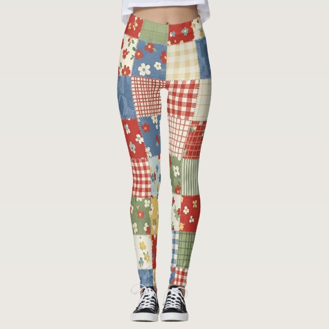 Pastel Floral Patchwork Picnic Pattern (9) Leggings (Front)