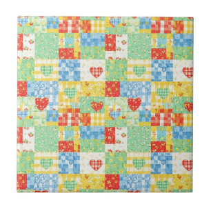Pastel Floral Patchwork Picnic Pattern Ceramic Tile