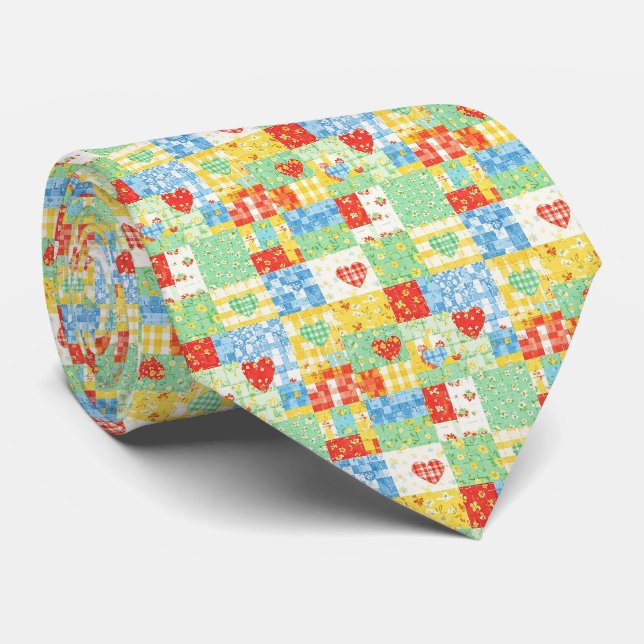 Pastel Floral Patchwork Picnic Pattern Tie (Rolled)