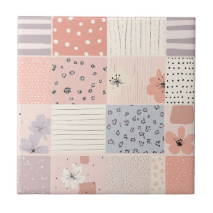 Pastel Floral Patchwork Quilt in Pink and Blue Ceramic Tile