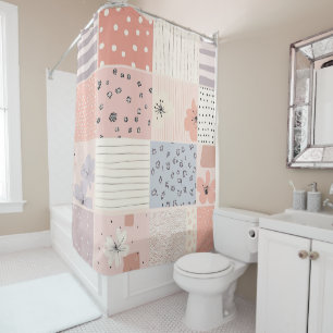 Pastel Floral Patchwork Quilt in Pink and Blue Shower Curtain