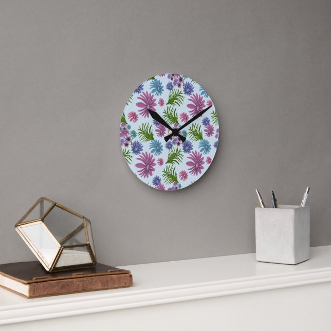 Pastel Floral Pattern Aesthetic Wildflower Botanic Round Clock (Office)