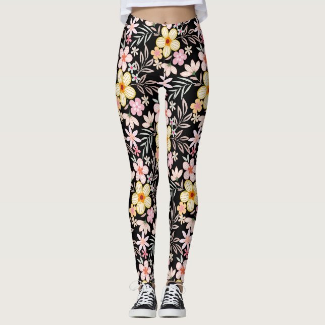 Pastel Floral pattern C03.bw Black BG Leggings (Front)