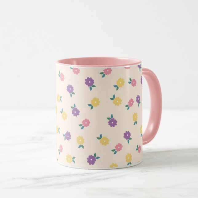 Pastel Floral Pattern – Cute Yellow, Pink & Purple Mug (Front Right)