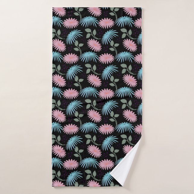 Pastel Floral Pattern on Black Background | Cute D Bath Towel (Bath Towel)