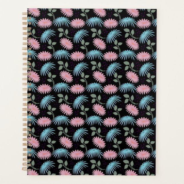 Pastel Floral Pattern on Black Background | Cute D Planner (Front)