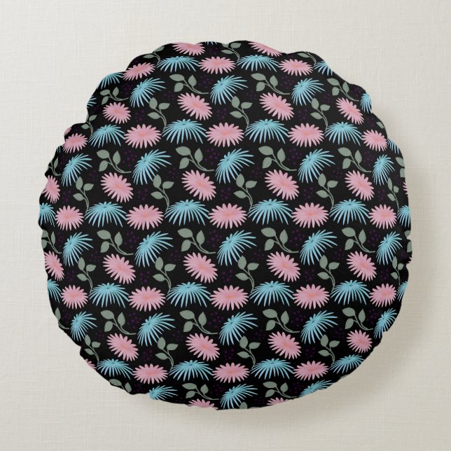 Pastel Floral Pattern on Black Background | Cute D Round Cushion (Front)