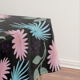 Pastel Floral Pattern on Black Background Cute D Tablecloth
