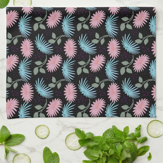 Pastel Floral Pattern on Black Background | Cute D Tea Towel (Folded)
