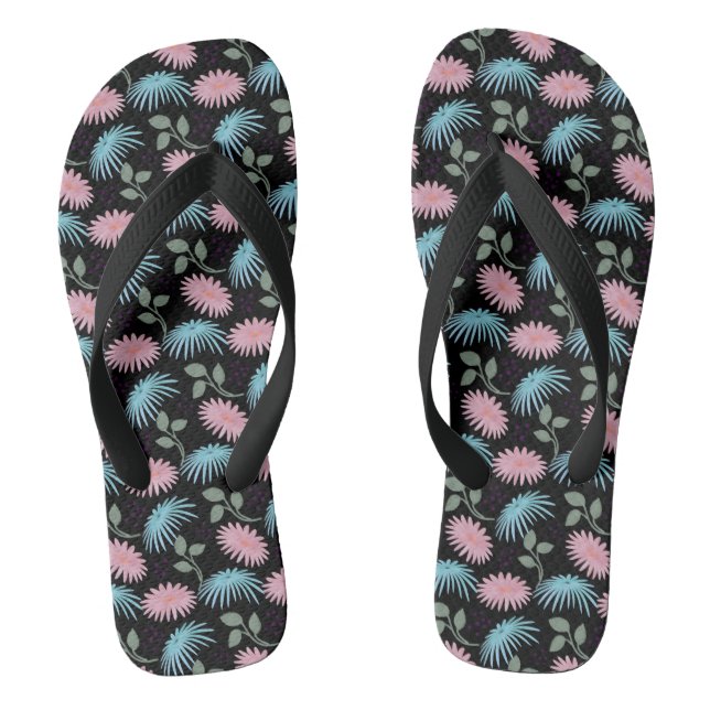 Pastel Floral Pattern on Black Background | Cute D Thongs (Footbed)