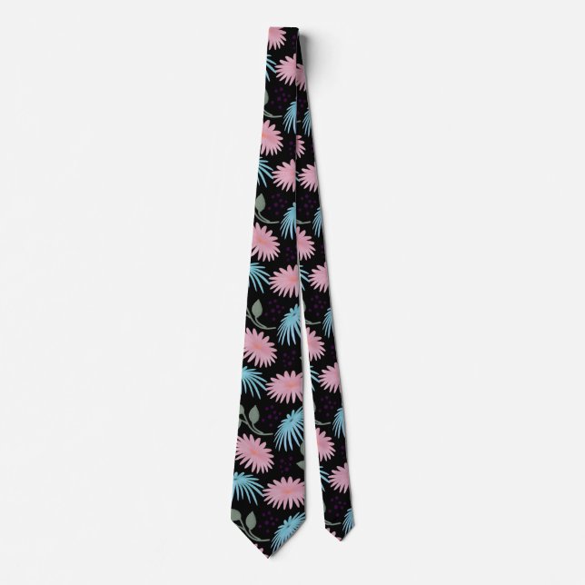 Pastel Floral Pattern on Black Background | Cute D Tie (Front)