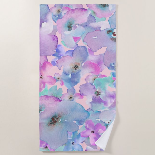 *~* Pastel Floral Pattern Pink Blue FLowers Beach Towel (Front)