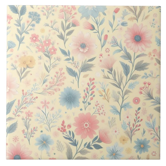 Pastel Floral Pink & Blue on Light Yellow Ceramic Tile (Front)
