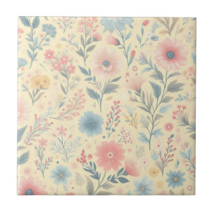 Pastel Floral Pink & Blue on Light Yellow Ceramic Tile