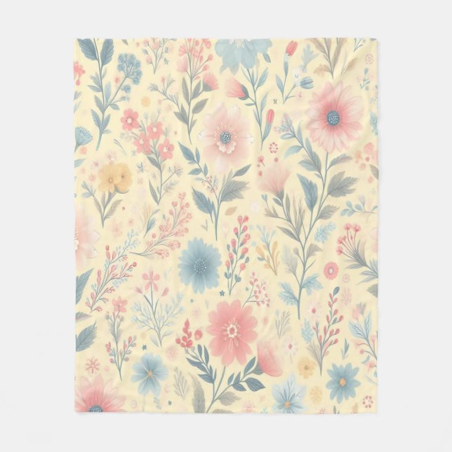 Pastel Floral Pink & Blue on Light Yellow Fleece Blanket (Front)