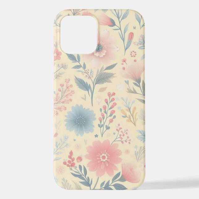 Pastel Floral Pink & Blue on Light Yellow iPhone Case (Back)