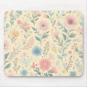 Pastel Floral Pink & Blue on Light Yellow Mouse Pad