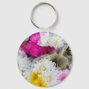 Pastel Floral Pink, Yellow & White Chrysanthemum Key Ring