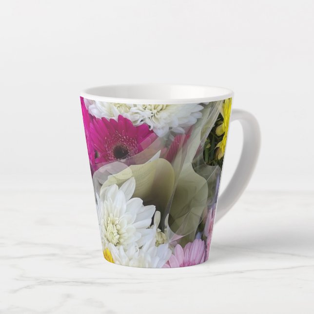Pastel Floral Pink, Yellow & White Chrysanthemum Latte Mug (Right Angle)