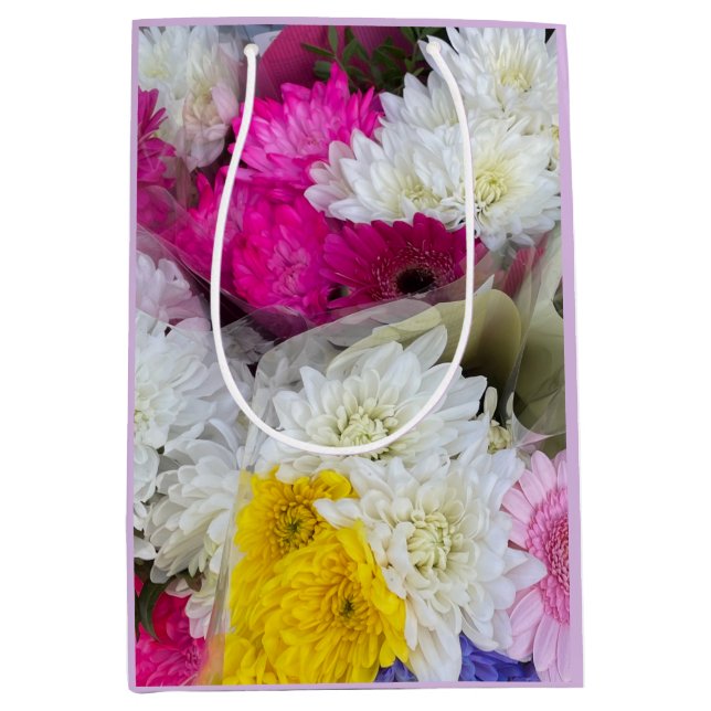 Pastel Floral Pink, Yellow & White Chrysanthemum  Medium Gift Bag (Front)