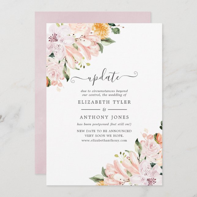 Pastel Floral Postponed Wedding Update Invitation (Front/Back)