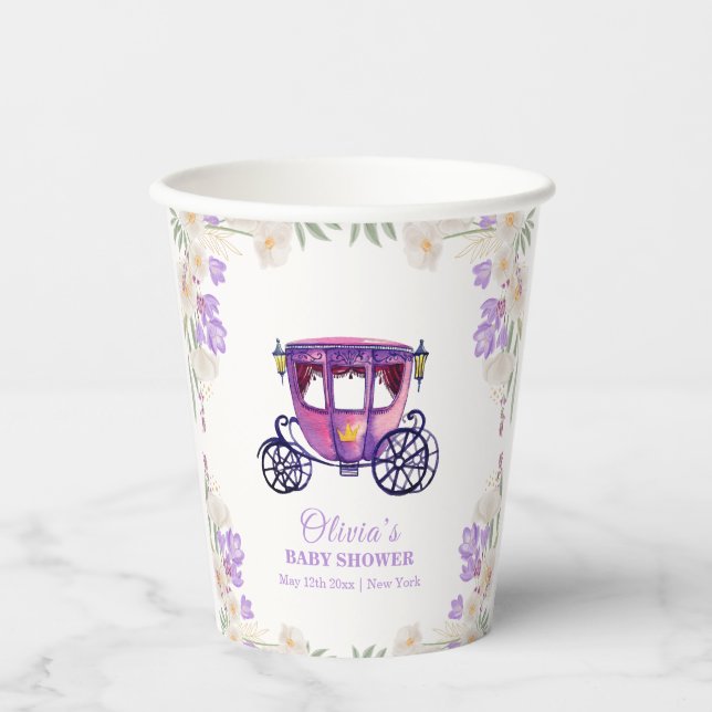Pastel Floral Princess Carriage Girl Baby Shower  Paper Cups (Front)