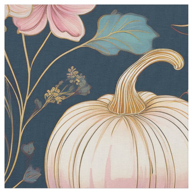 Pastel Floral Pumpkin Patch on Dark Blue  Fabric (Close Up)