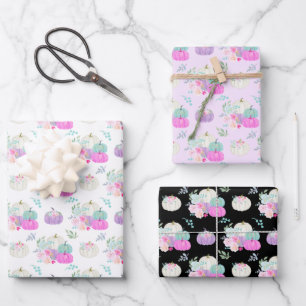 Pastel Floral Pumpkins in Pink, Purple and Blue Wrapping Paper Sheet