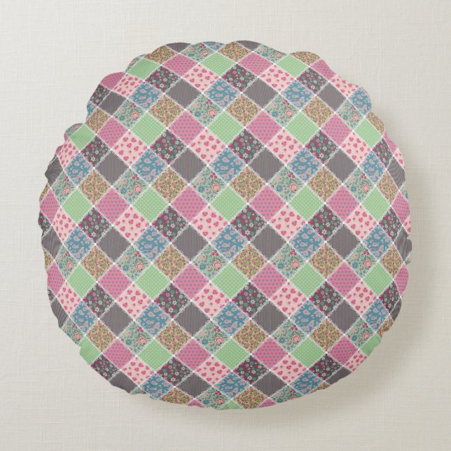 Pastel Floral Quilt Squares Round Cushion (Front)