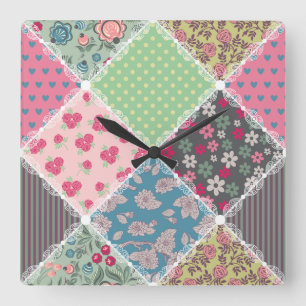 Pastel Floral Quilt Squares Square Wall Clock