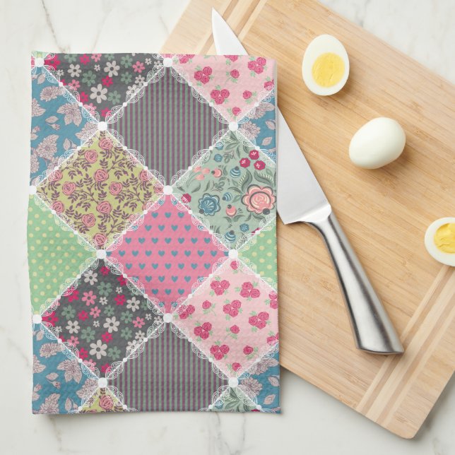Pastel Floral Quilt Squares Tea Towel (Quarter Fold)