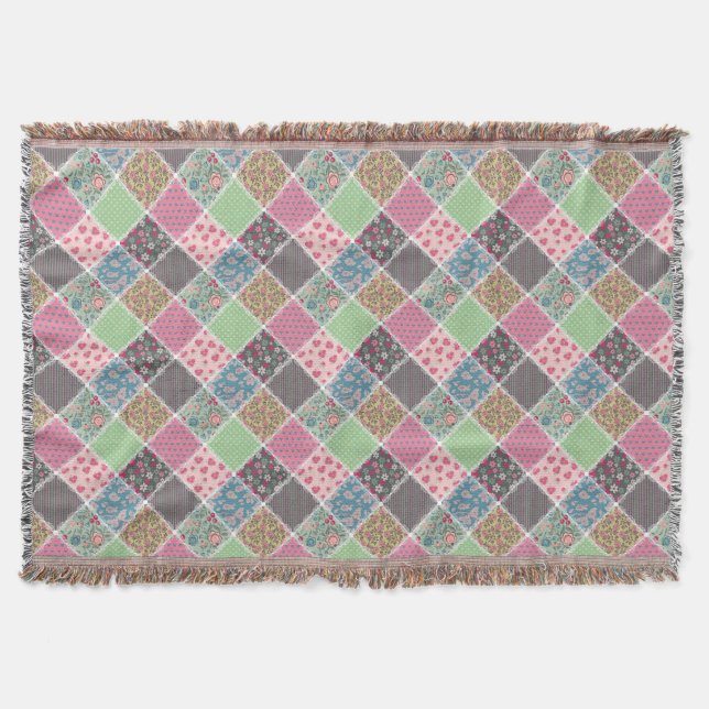 Pastel Floral Quilt Squares Throw Blanket (Front)