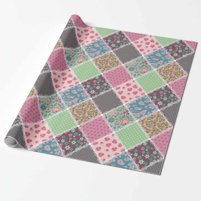 Pastel Floral Quilt Squares Wrapping Paper (Unrolled)