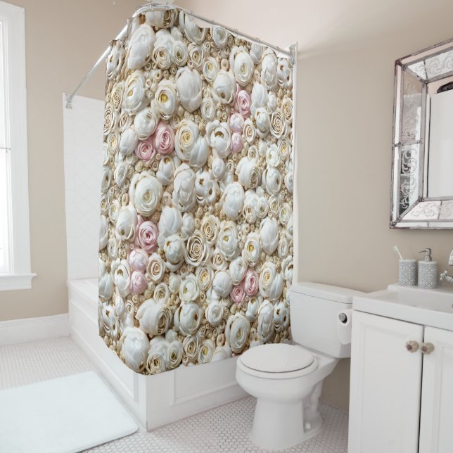 Pastel floral rose collage realistic flowers chic shower curtain (In Situ)