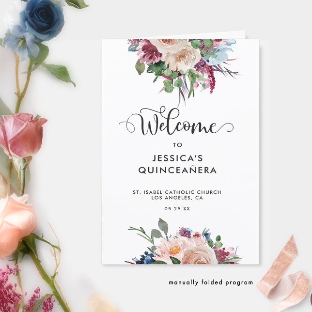 Pastel Floral Rose Gold Quinceañera Folded Program (Creator Uploaded)