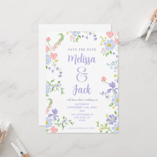 Pastel Floral Save the Date  Invitation (Front/Back In Situ)