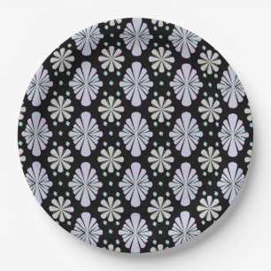 Pastel floral shapes on a black background paper plate