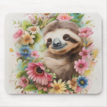 Pastel Floral Sloth Mouse Pad