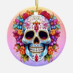Pastel Floral Sugar Skull Ceramic Ornament