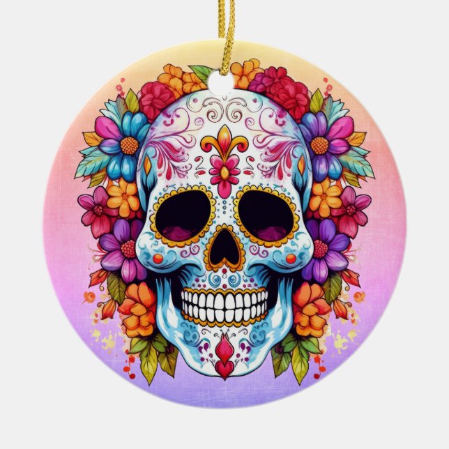 Pastel Floral Sugar Skull Ceramic Ornament (Front)