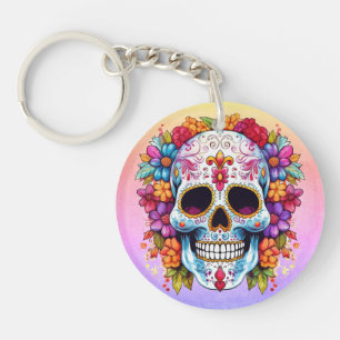 Pastel Floral Sugar Skull Key Ring