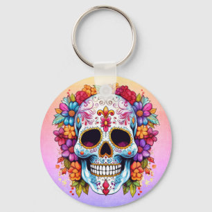 Pastel Floral Sugar Skull Key Ring