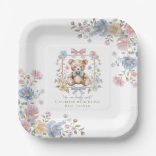 Pastel Floral Teddy Bear "We Can Bearly Wait" Show Paper Plate