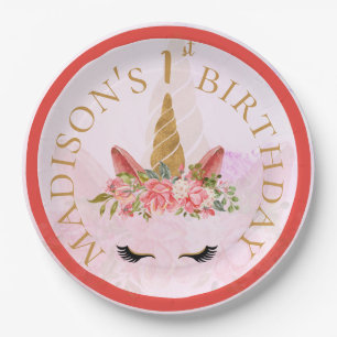 Pastel Floral Unicorn Birthday Party Paper Plate