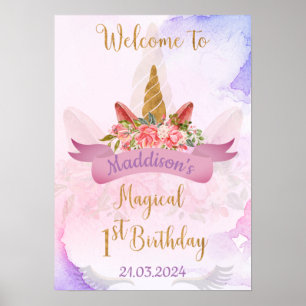 Pastel Floral Unicorn Birthday Party Welcome Poster